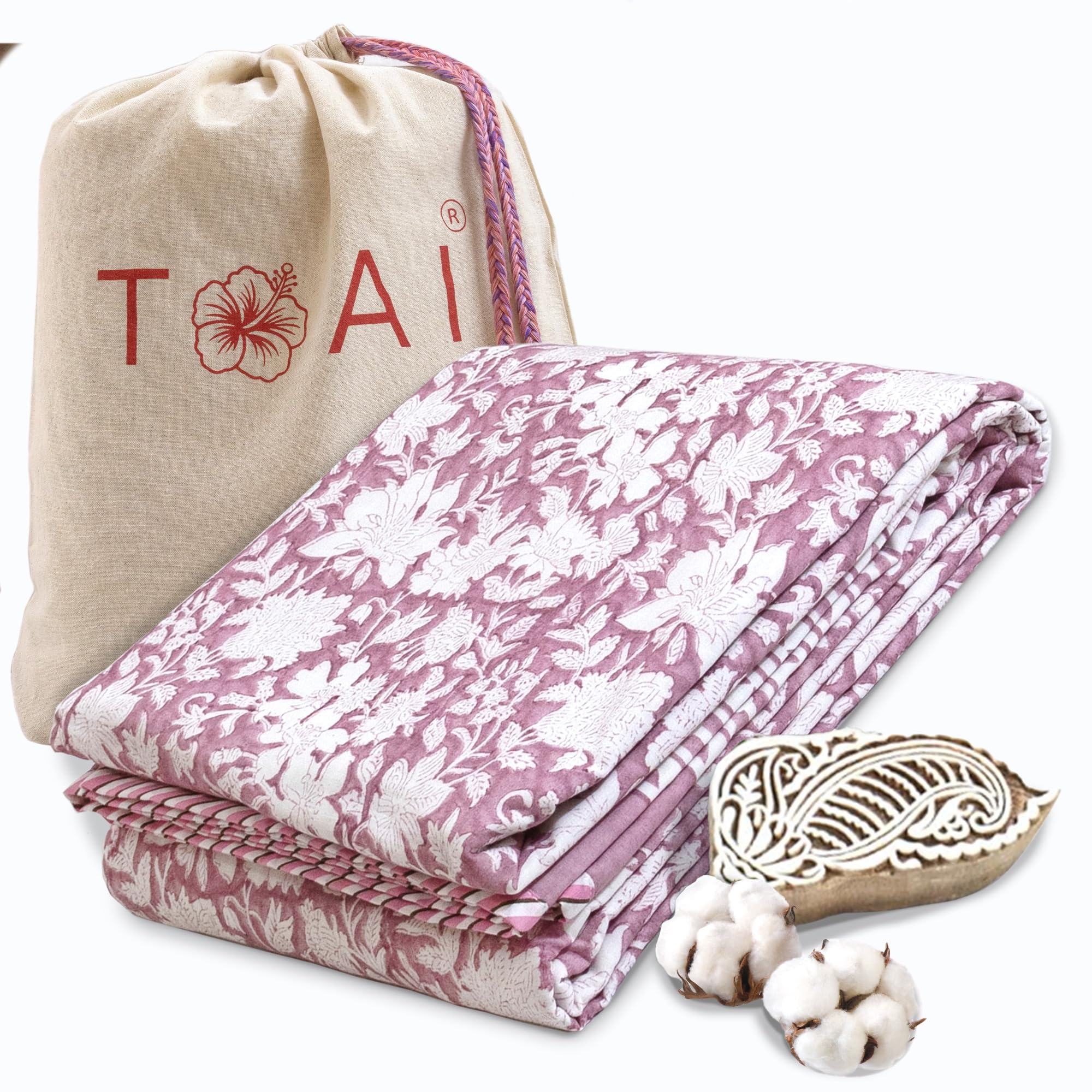 TOAIArt Premium Jaipuri Dohar | AC Blanket Summer Quilt | Hand Block Printed | 3 Layers | Reversible | 150GSM 100% Mulmul Cotton| 100% Cotton Flannel Filling | Single 60 X 90|Vintage Pink Kalamkari Kafalo