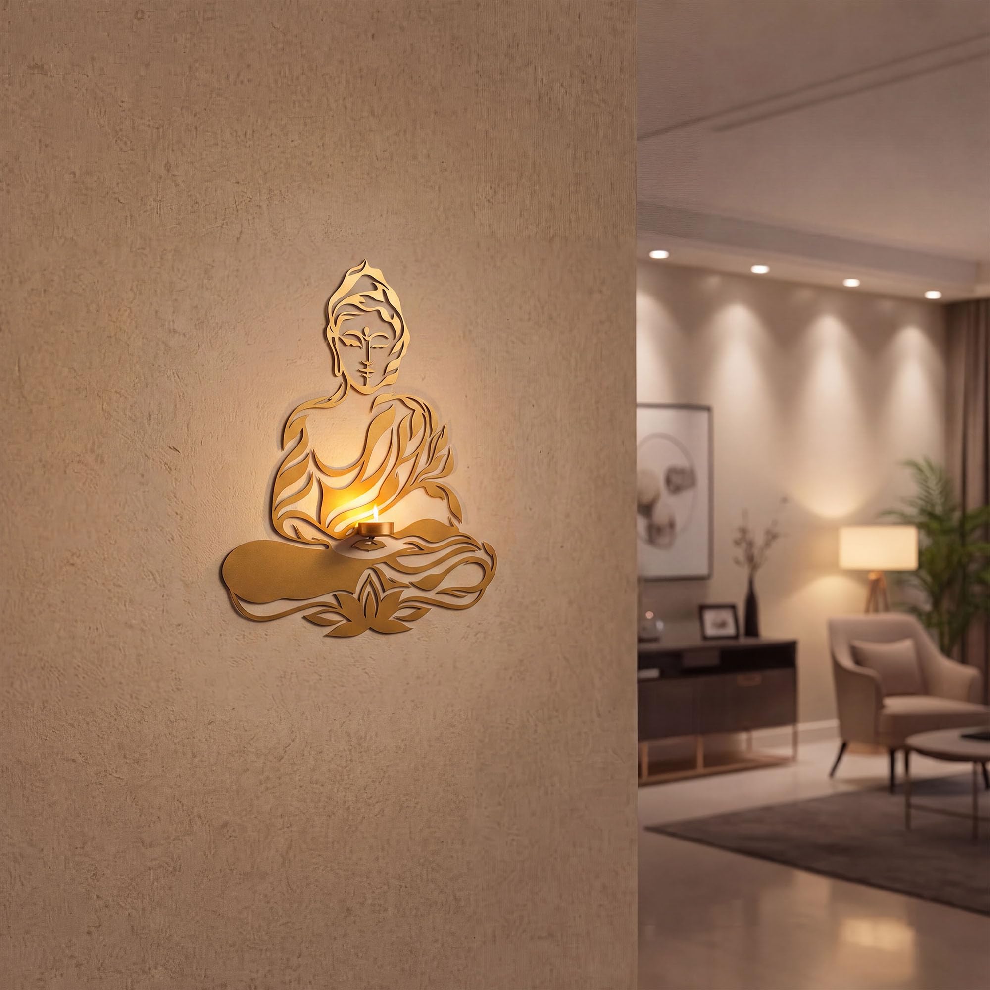 ALCU Buddha Wall Decor with Tealight Candle Holder | Gold Powder Coated Iron Metal Wall Art | 15 x 18 Inch Decorative Wall Hanging for Living Room, Bedroom, Meditation Room & Home Décor