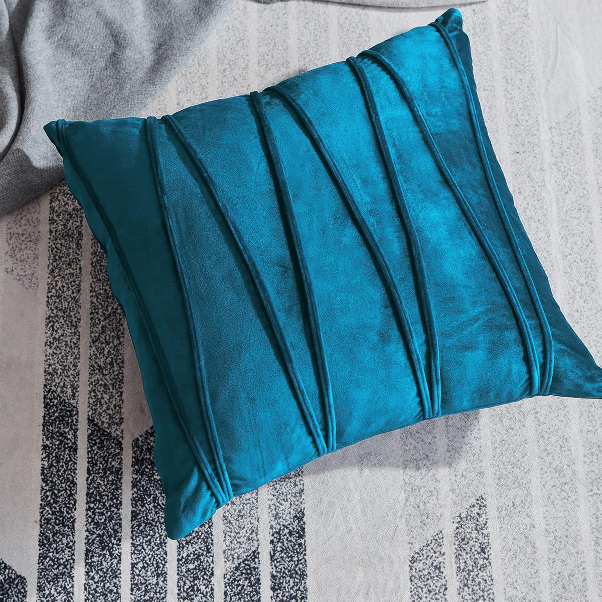 Khooti Velvet Striped Cushion Cover Pack of 1-24X24/61X61 Cm | Sea Blue | Soft Pillow Covers Cushion Case for Sofa Bedroom Living Room Chair Car, Cushion Cover with Zig Zag Pattern