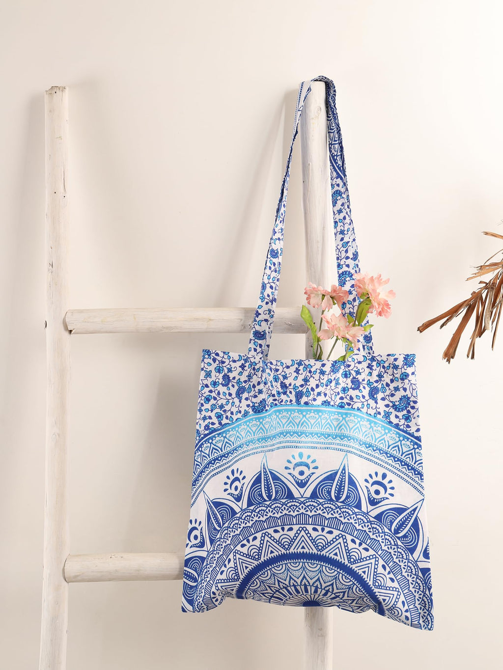 Ravaiyaa - Attitude is everything Cotton Shoulder Bag/Tote Bag For Women| Printed Multipurpose Handbag With Top Zip | Best For Shopping, Travel, Work, Beach, Office, College (White Blue Ombre Mandala)