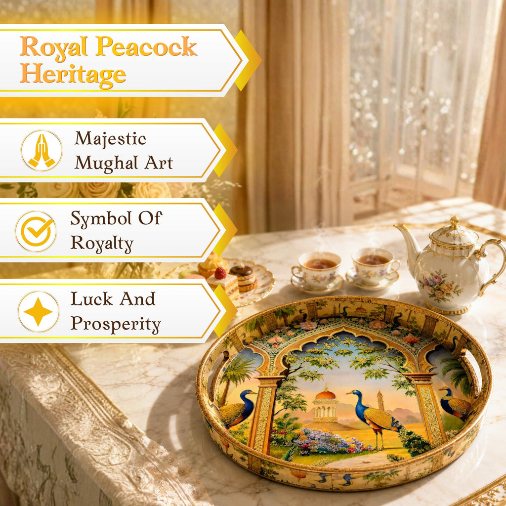 Pavitra Uphaar Royal Peacock Decorative Serving Tray, Solid Wood, Round, Glossy Finish, Handcrafted, Traditional Indian Style
