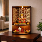 Fliptic Corner Pooja Mandir for Home & Office with LED Light | Wall Mounted Wooden Temple for Corner | Compact Devghar for Home, Living Room & Prayer Room | DIY Wall Mandir (17 x 11 x 11 Inch)