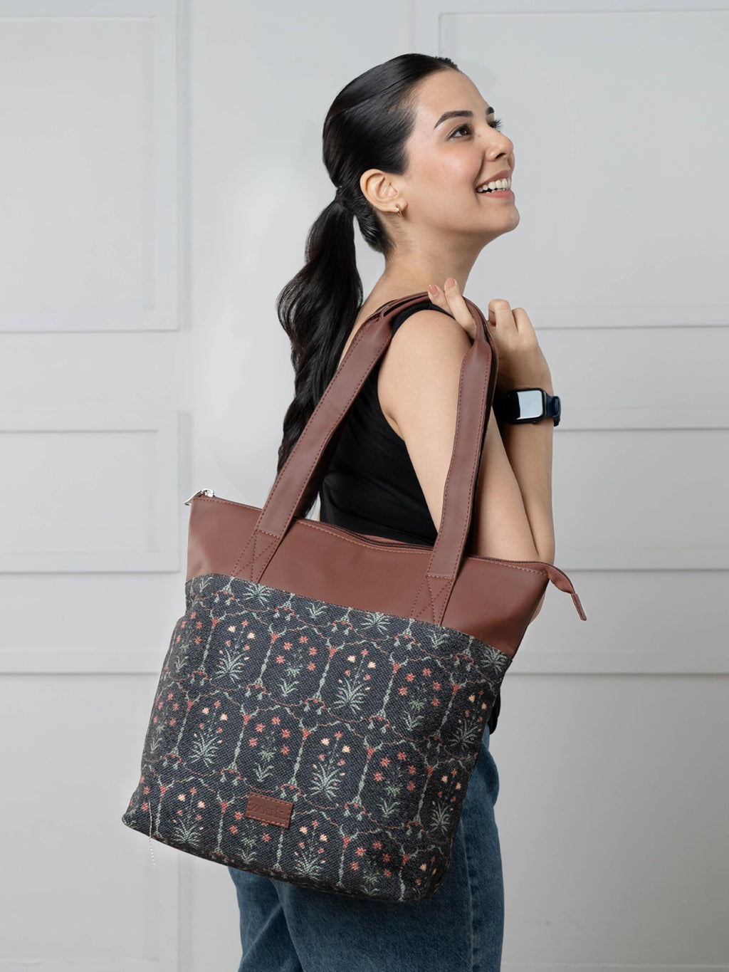 ZOUK Taj Guldasta Floral Printed Women's Jute Handcrafted Vegan Leather Multicolor Everyday Tote