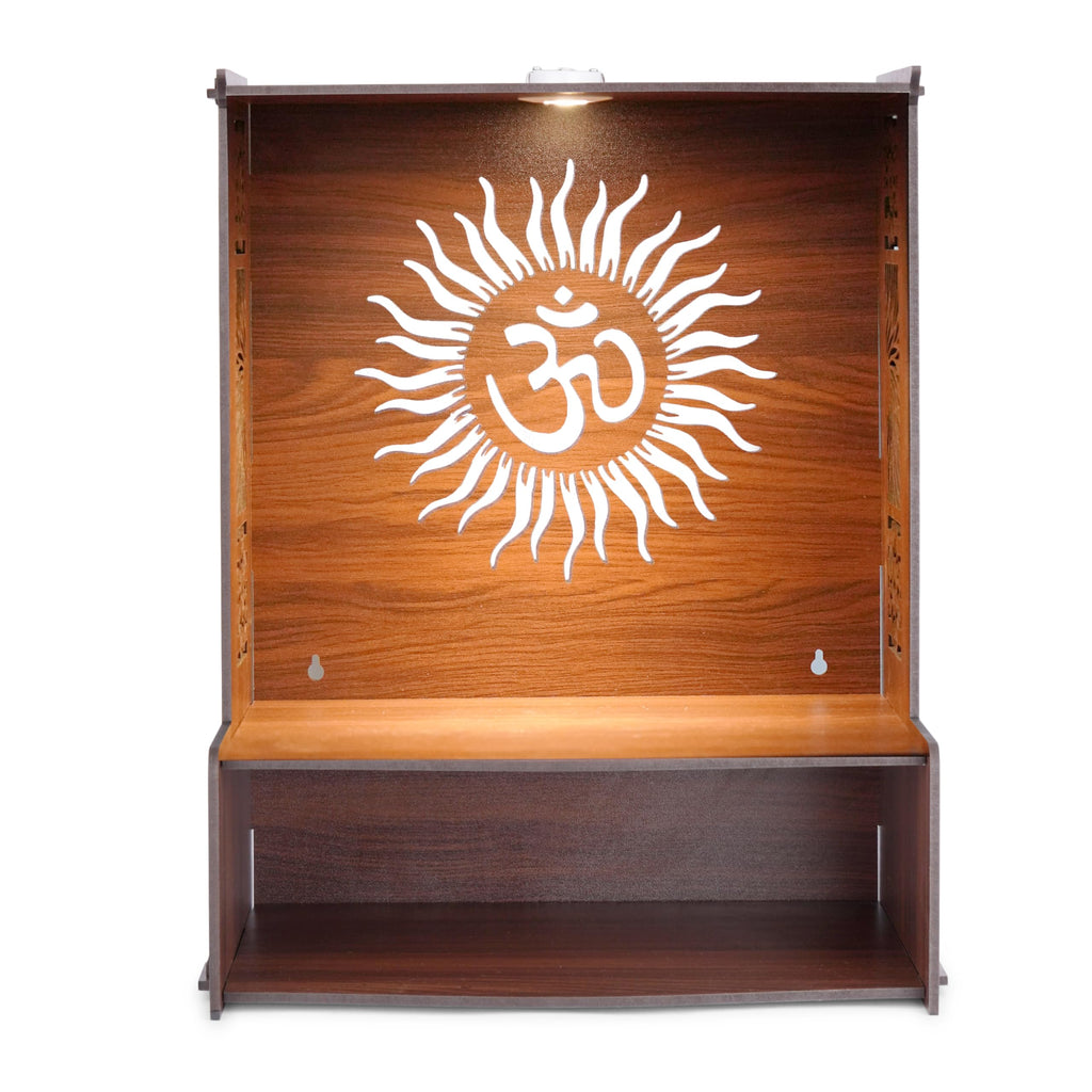 KATHORWARES Wooden Temple with LED Spot Light | Pooja Mandir Stand for Home | Puja Mandir with Smart Lock System & Hang Hole | Decorative Wooden Temple for Home & Office/Shop(Surya Sun)