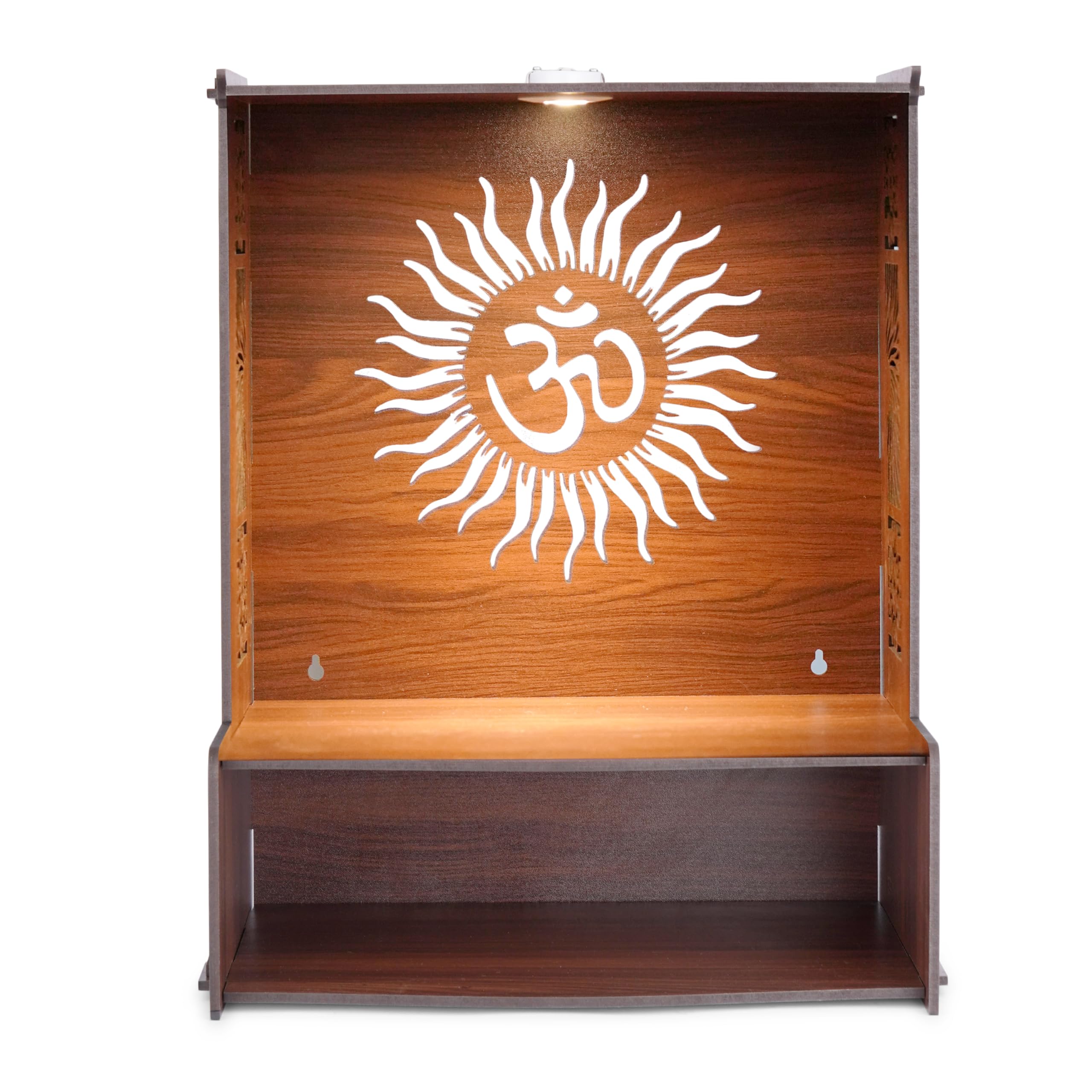 KATHORWARES Wooden Temple with LED Spot Light | Pooja Mandir Stand for Home | Puja Mandir with Smart Lock System & Hang Hole | Decorative Wooden Temple for Home & Office/Shop(Surya Sun)