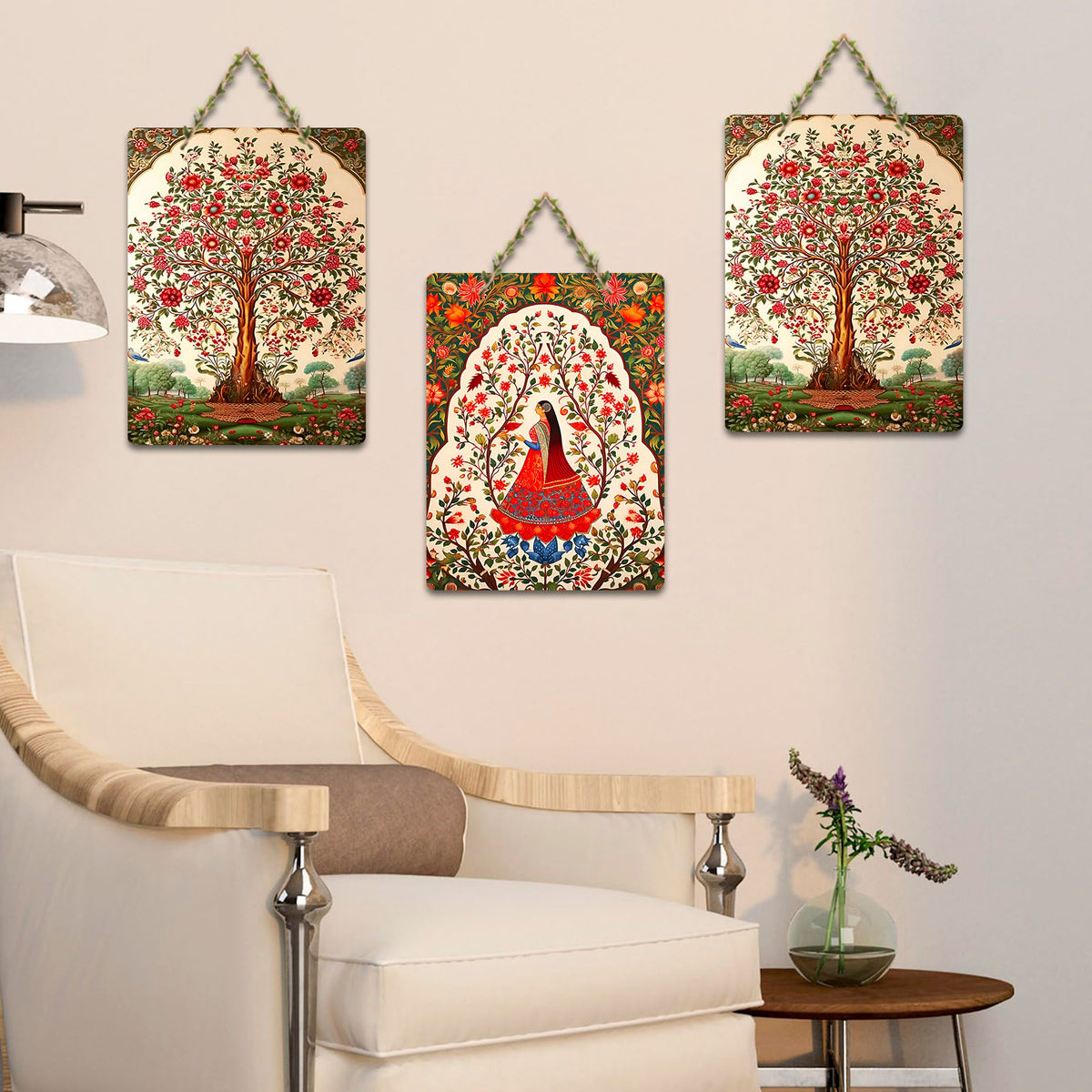 Artvibes Beautiful Tree Pichwai Art Wooden Wall Hanger for Home Decor | Living Room | Office | Wall Art Painting For Hall | Graphic Artwork | Wall Illustrations | Gift Items (WH_9608N), Set of 3