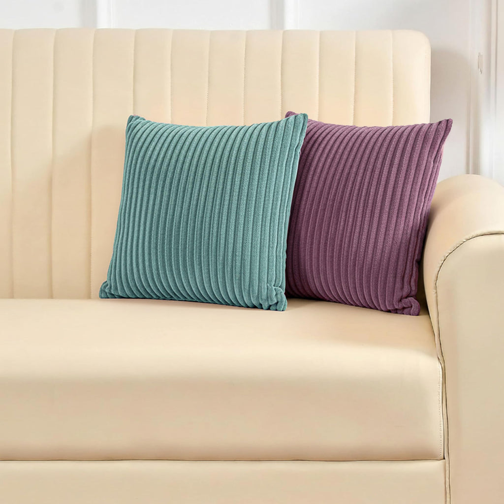 Yellow Weaves Pencil-Stripe Fur Cushion Covers | Soft Polyester | Decorative Sofa & Throw Pillow Covers | 16x16 Inches, Pack of 2 (Purple & Sea Green)