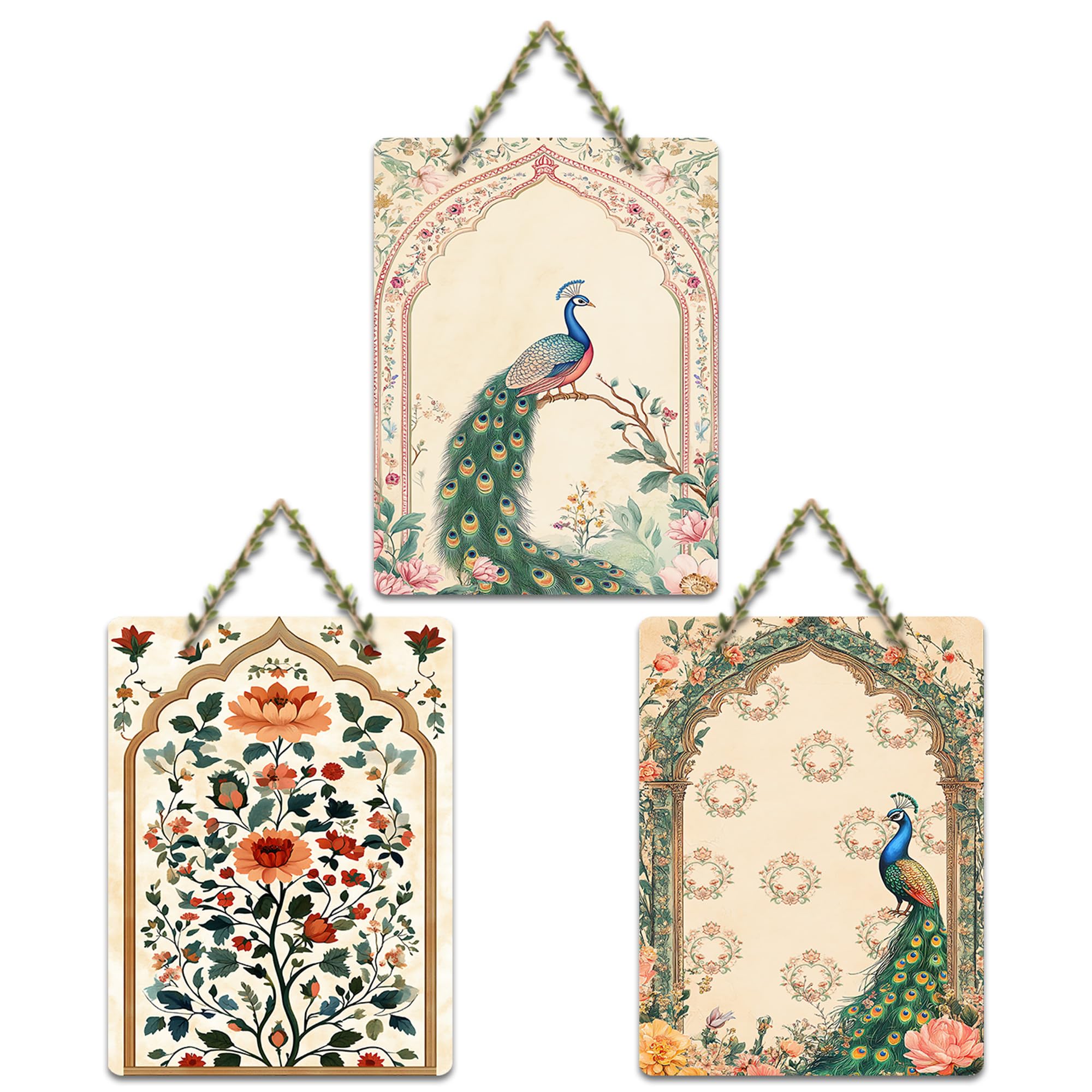 Artvibes Peacock Pichwai Art Decorative Wall Art MDF Wooden Wall Hanger for Home | Room Wall Art | Modern Decor Artwork | Living Room | Cafe | Wall Illustrations | Gift Items (WH_96106N), Set of 3