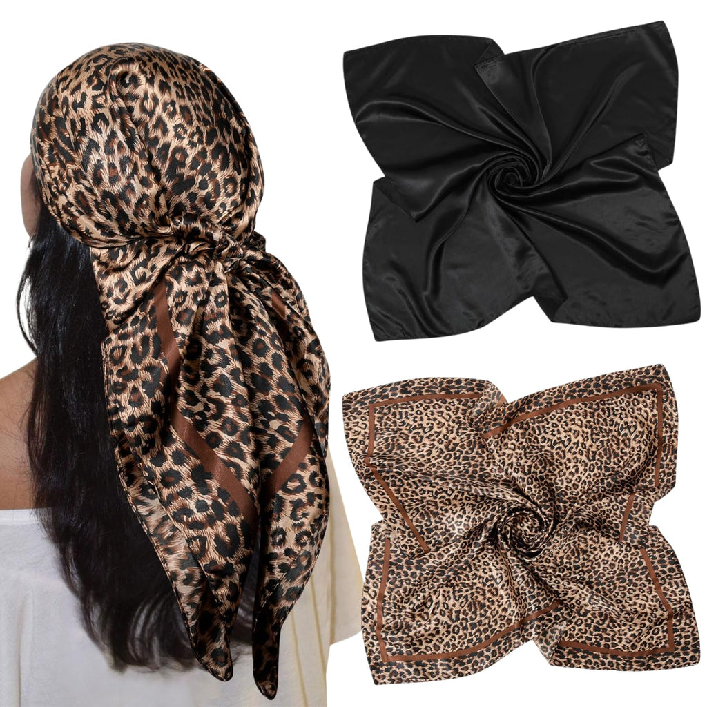 BendJoy 2 PCS Scarf for Women Stylish, Satin Silk Head Scarf, Soft Square Bandanas for Women, Elegant Summer Headscarf for Styling, Hair Protection & Daily Fashion Wear(35.4in×35.45in
