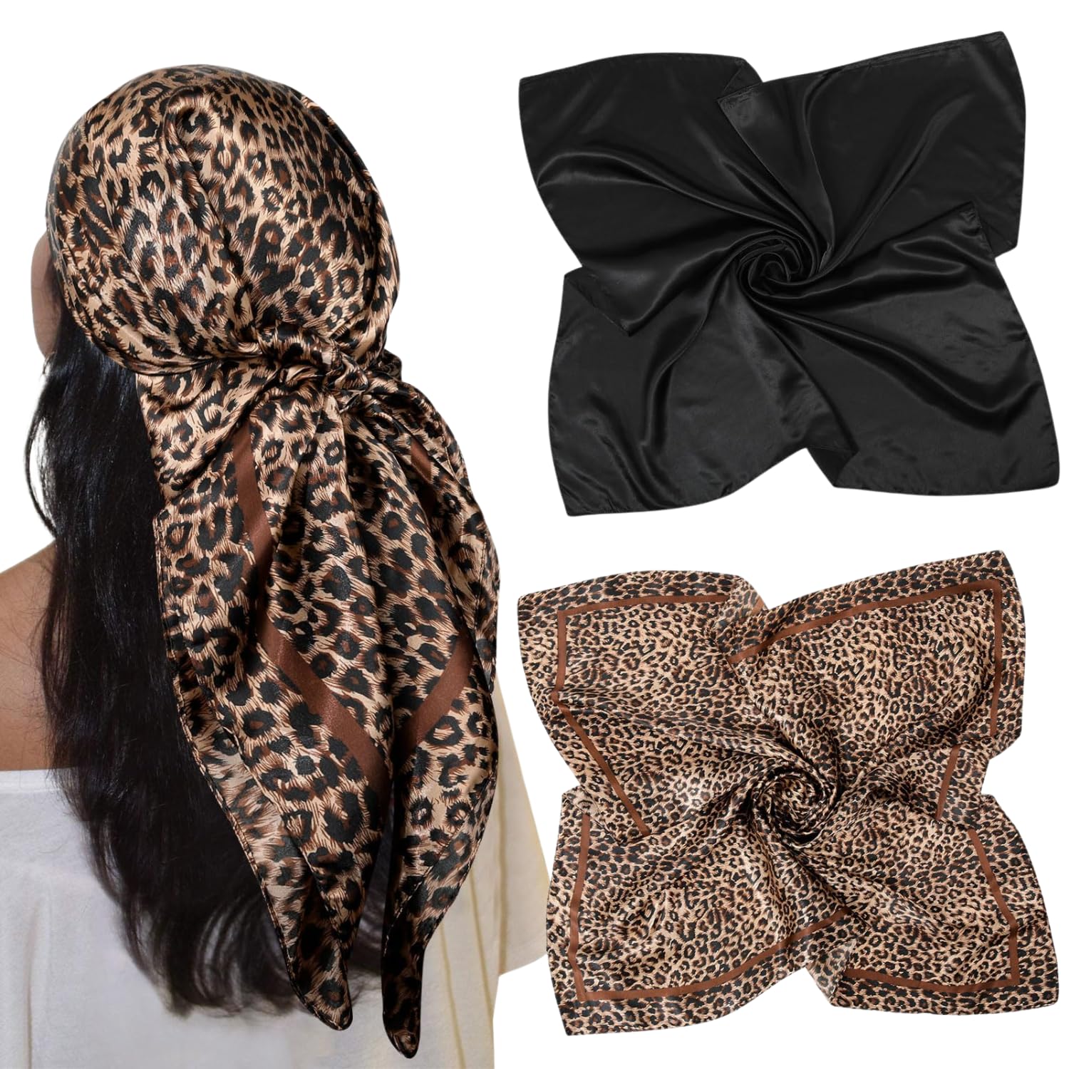 BendJoy 2 PCS Scarf for Women Stylish, Satin Silk Head Scarf, Soft Square Bandanas for Women, Elegant Summer Headscarf for Styling, Hair Protection & Daily Fashion Wear(35.4in×35.45in