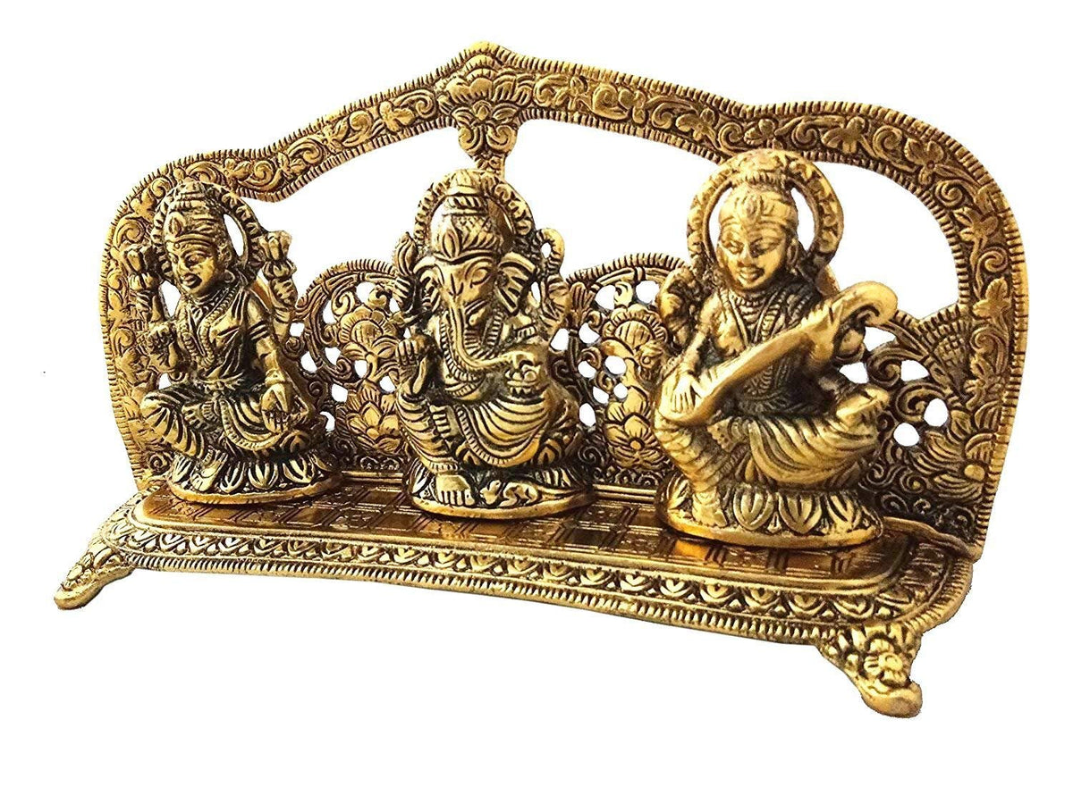 Prince Home Decor & Gifts Metal Laxmi Ganesh Saraswati Idol Decorative Platter with Diya (Golden, 25 X 6 X 14 cm)