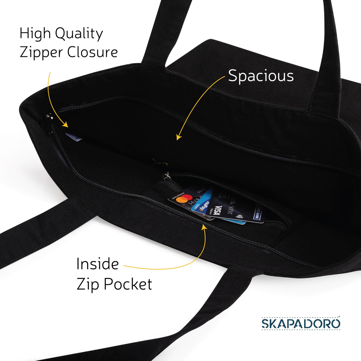 SKAPADORO Canvas Big Zip Handbag Tote,100% Cotton, Inner pocket, Unisex Embroidered Comfortable Bag for Travel Office Beach Shopping, Easy to Wash Trendy Everyday Shoulder Bag (Ready To Go)