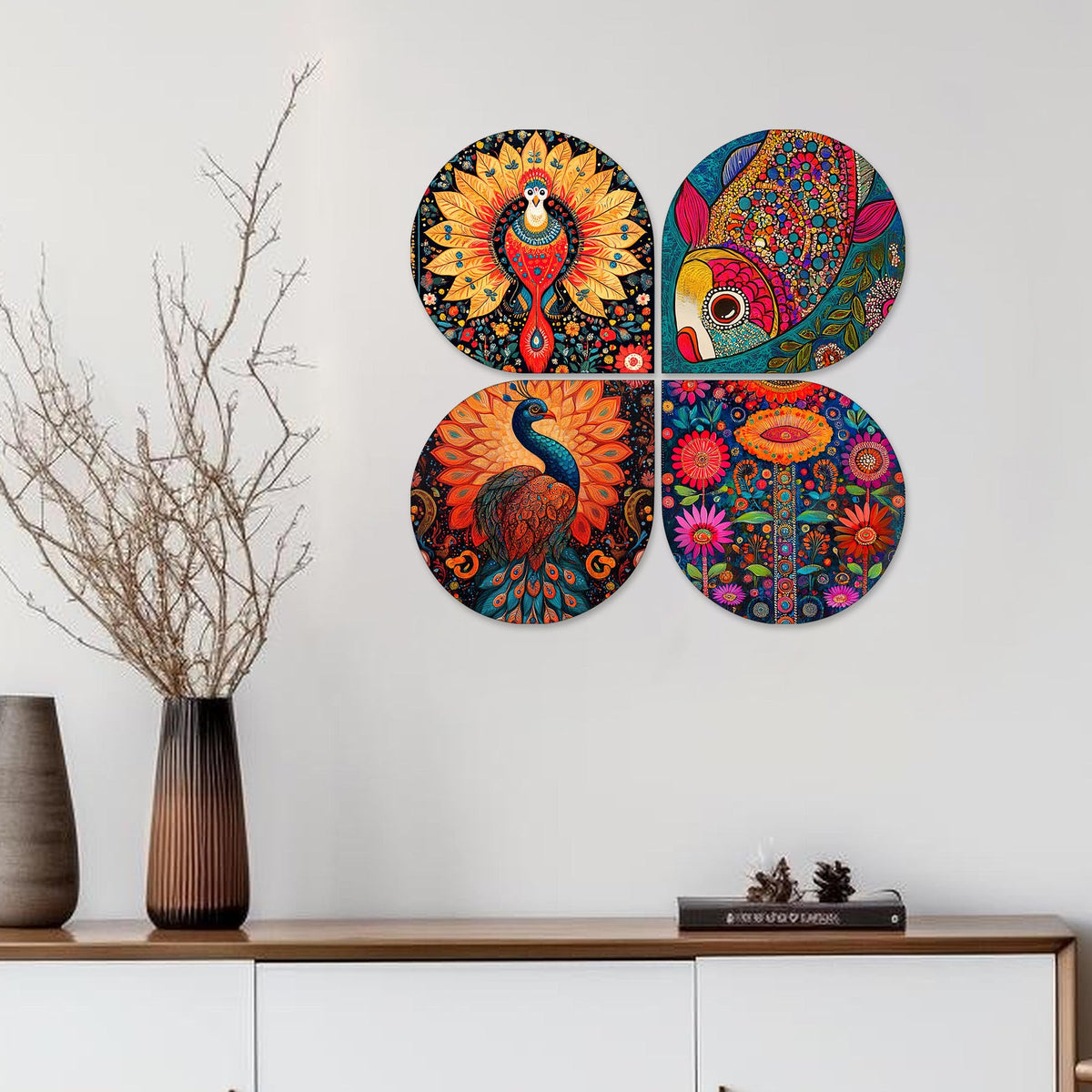 Artvibes Colorful Peacock and Fish Decorative Wall Art MDF Wooden Wall Hanger for Home | Art For Wall | Door Decoration Items | Wall Illustrations | Paintings For Wall | Gift Item (WH_8443N), Set of 4