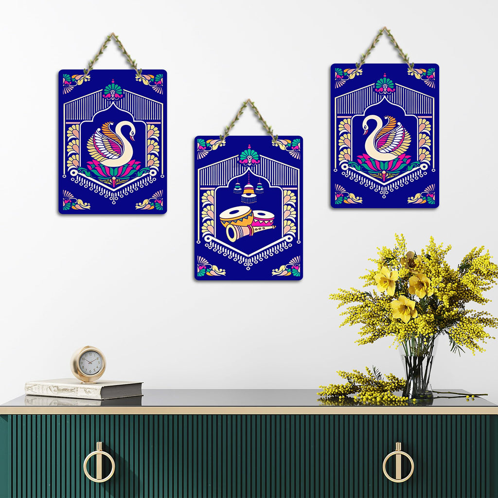 Artvibes Tanjore Art Home MDF Wooden Wall Art for Home Decor | Music Wall Art for Decoration | Wall Poster | Wall Sculpture | Signs & Plaques | Graphic Art | Unique Gift (WH_96156N), Set of 3