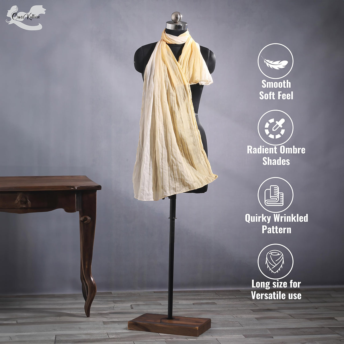CrossKulture Ombre Yellow Polycotton Scarf for Women | Lightweight & Long | Stylish Stole Wrinkled Design | All Season Neck Scarf, Hair Scarf, & Head Scarf for Girls