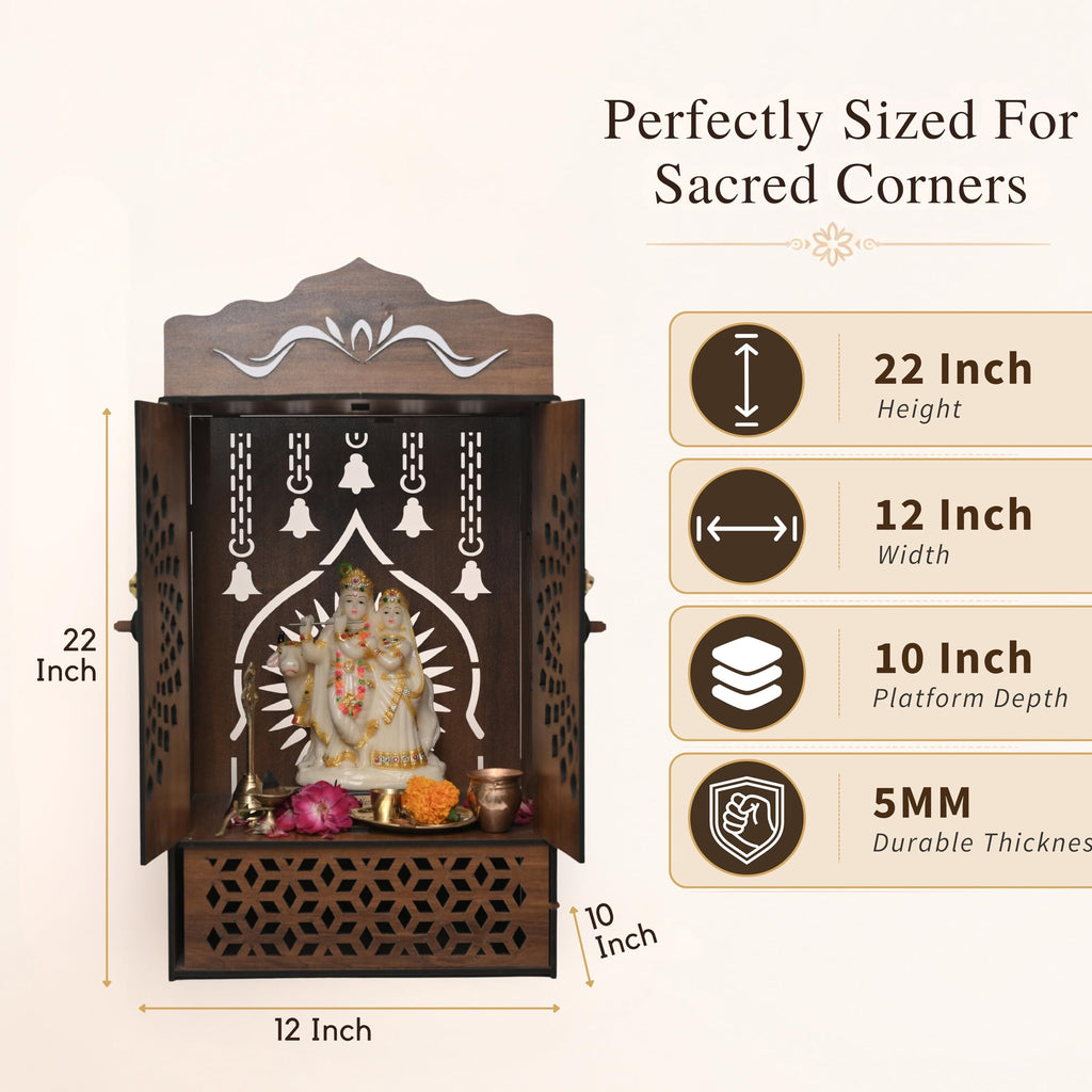 Venlay Wood Wooden Home Mandir with Double Door & Bell | Laser Cut Mandala Jali Cabinet Temple | Peacock Feather Engraving | MDF Pooja Ghar with Storage Drawer | White Finish | Gold Motif Header