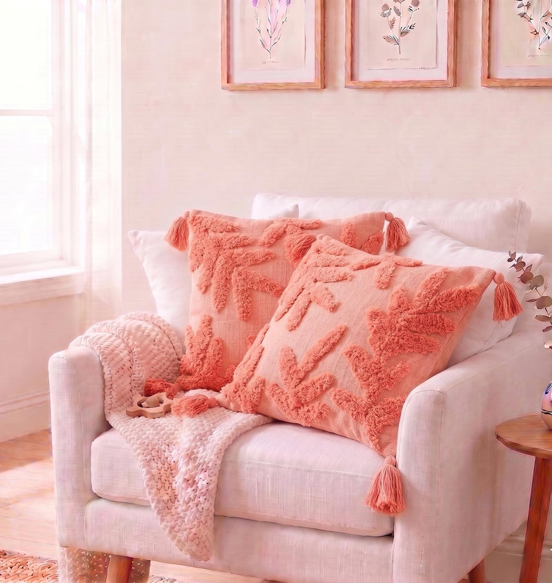 Furnistitchs Premium Decorative Throw Cushion Pillow Cover Boho Home Decor - Living Room Bedroom Couch Sofa Cushion Covers 16 inch x 16 inch (2, Peach Leaves)