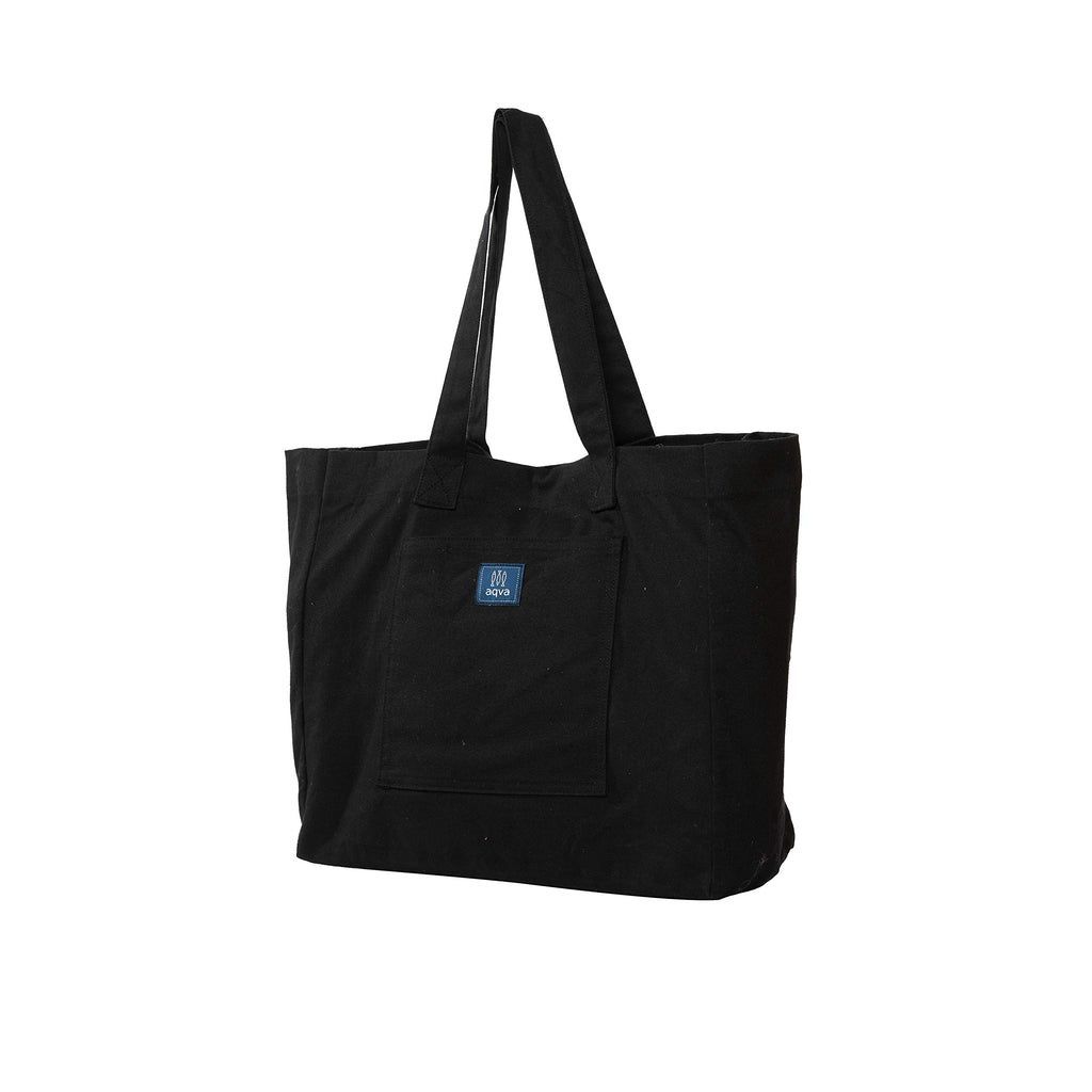 AQVA Cotton Canvas Tote Bag for Women & Girls | Shoulder Bag with Magnetic Button Closure & Solid Colour | Multipurpose Shopping, Travel, Beach, Office Bag | Good Gift Choice for Women (Black)