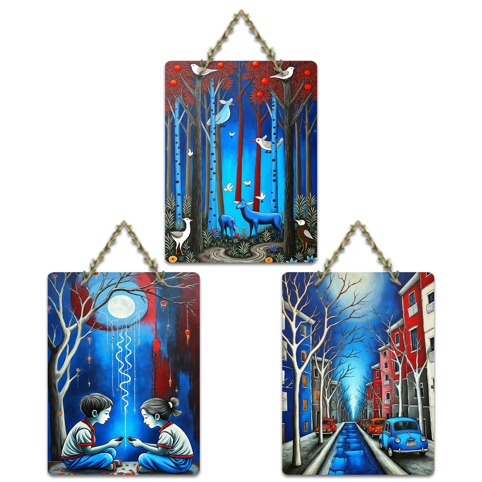 Artvibes Forest Life With Animals & Children Under The Moon Decorative Wall Hanging Ornaments | Printed Wall Decoration | Graphic Artwork | Wall Art Print | Sceneries | Gift Items (WH_9670N), Set of 3