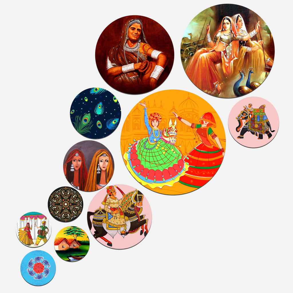 Artvibes Indian Traditional Rajasthani Village Art Round Shape MDF Wooden Wall Decor Items | Printed Wall Decoration | Graphic Artwork | Wall Illustrations | Scenery | Ideal Gift (WPS_119N), Set of 11