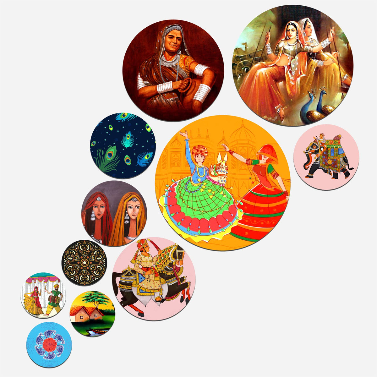 Artvibes Indian Traditional Rajasthani Village Art Round Shape MDF Wooden Wall Decor Items | Printed Wall Decoration | Graphic Artwork | Wall Illustrations | Scenery | Ideal Gift (WPS_119N), Set of 11