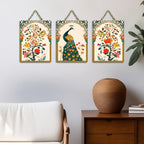 Artvibes Peacock Madhubani Art Home Wooden Art Decoration Item for Living Room | Room Wall Art | Wood Decorative Items | Modern Decoration | Wall Art Print | Unique Gift Items (WH_96147N), Set of 3
