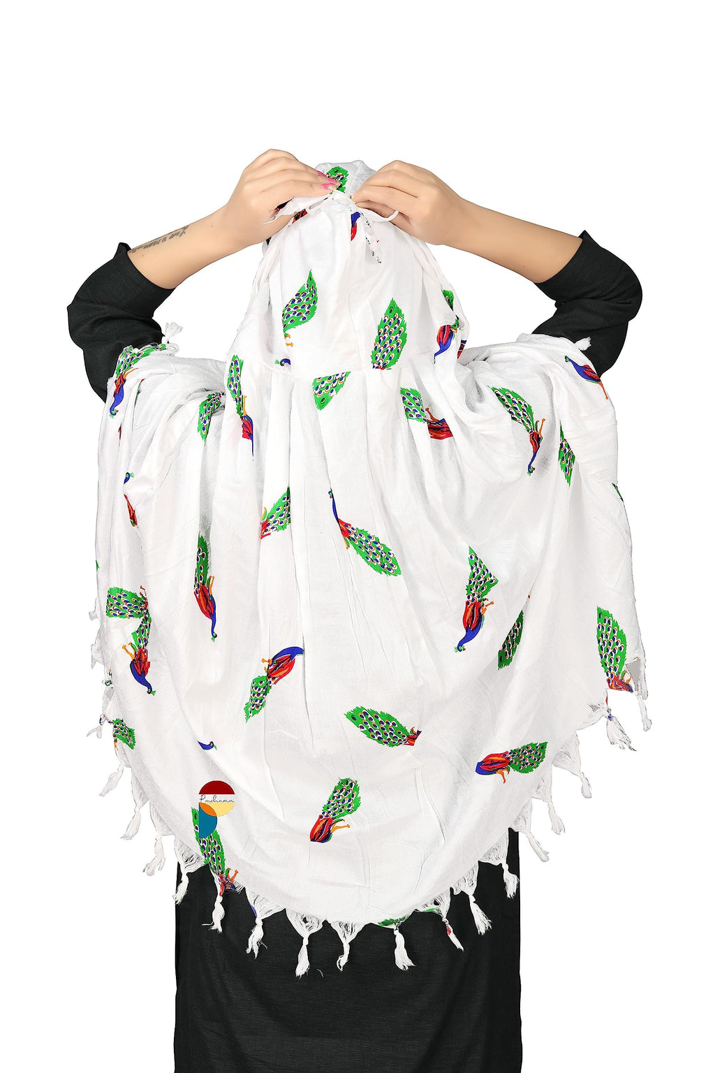 PRACHARAN Cotton Innovative Stylish Peacock Printed Pattern Fancy Female Scarf With Sun Protection Cover Face Cotton Driving Scarf For Women's and Girls, White