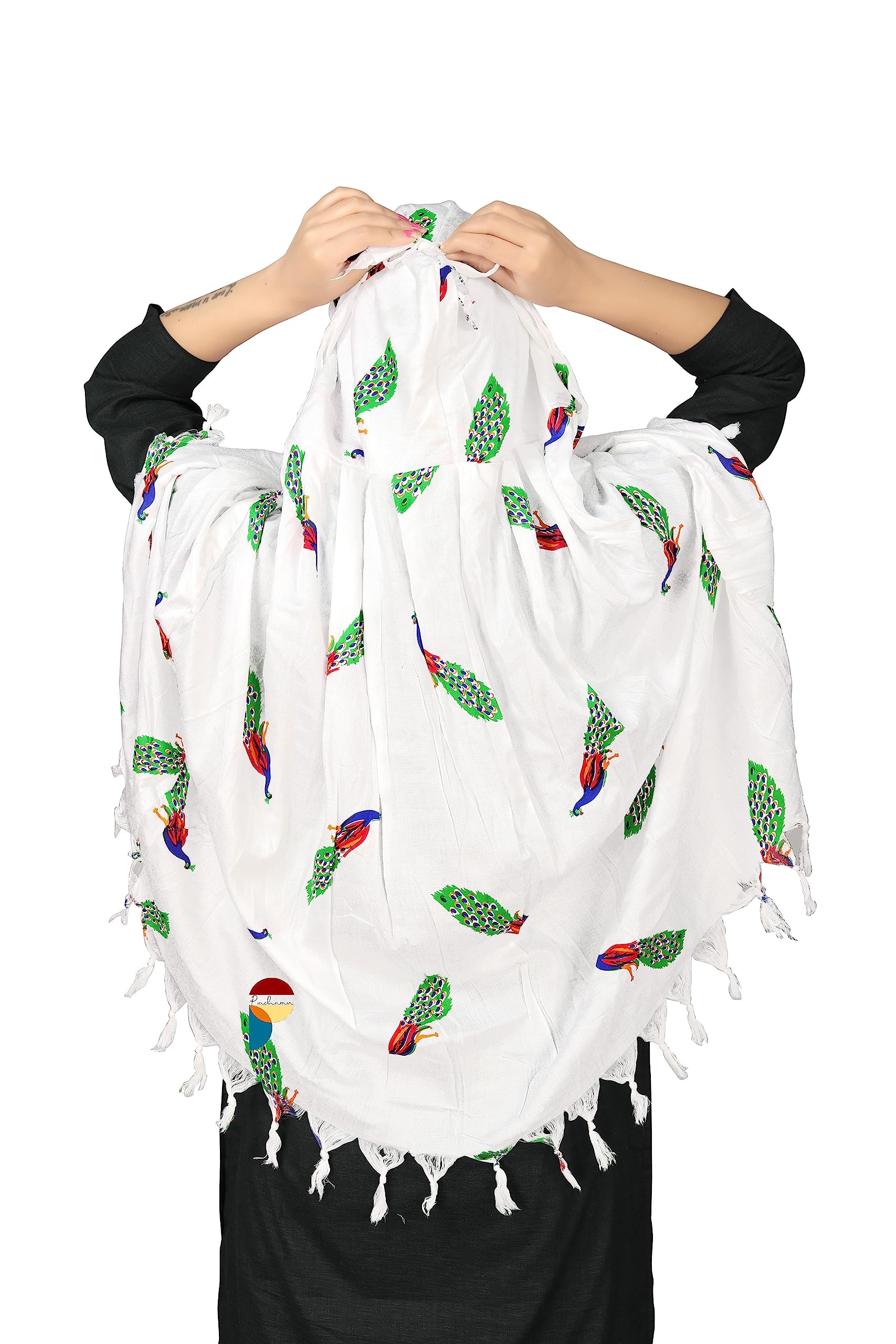 PRACHARAN Cotton Innovative Stylish Peacock Printed Pattern Fancy Female Scarf With Sun Protection Cover Face Cotton Driving Scarf For Women's and Girls, White