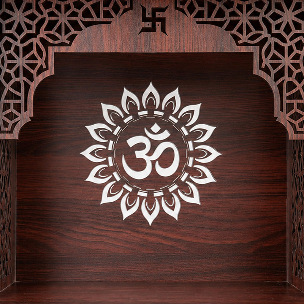 The Divine Tales Classic MDF Om Wall Mandir Wooden Wall Mounted Pooja Mandir for Home Temple with Engraved Om Floral Design Prayer Shelf for Idols Diyas Incense Sticks Modern Home Decor 10 Inch