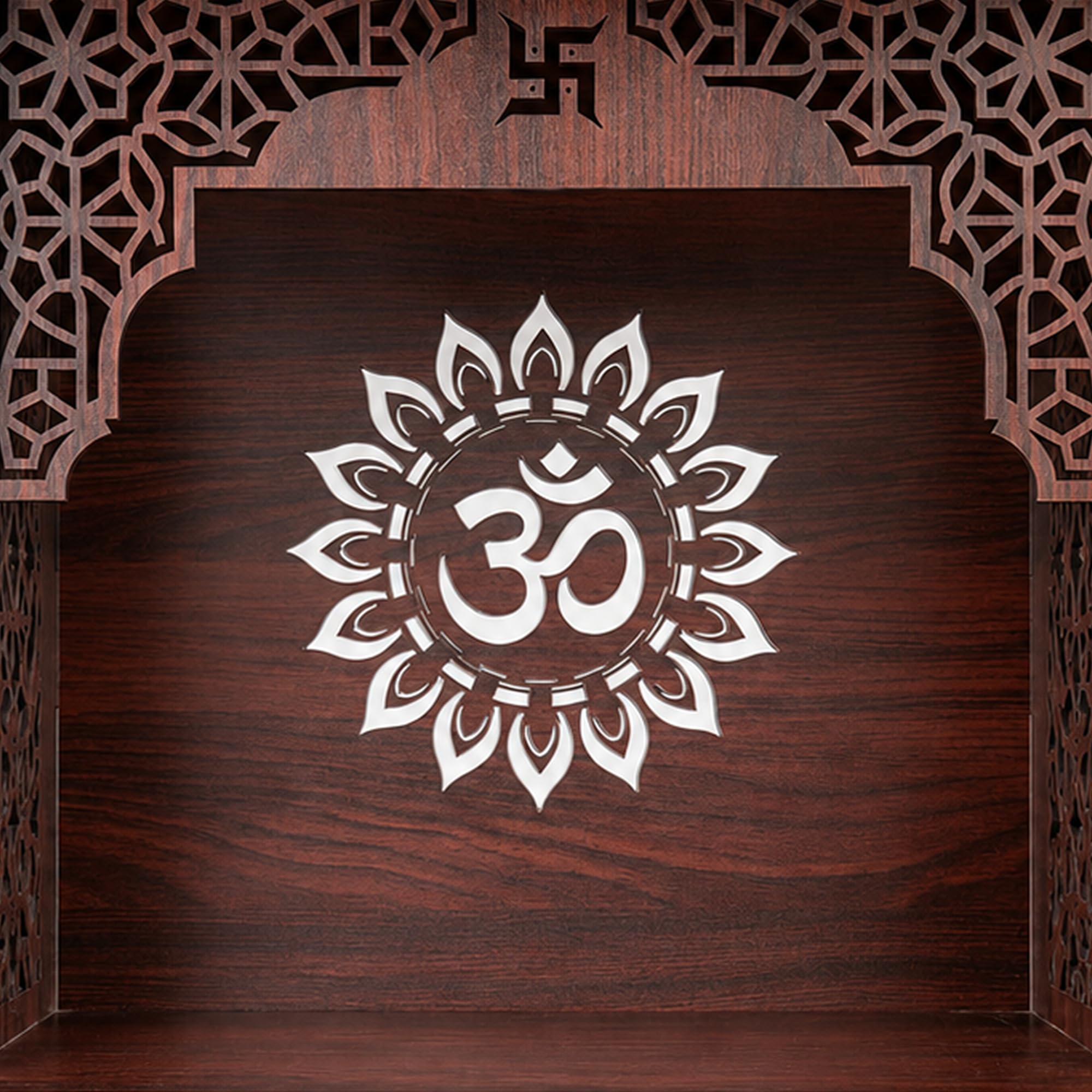 The Divine Tales Classic MDF Om Wall Mandir Wooden Wall Mounted Pooja Mandir for Home Temple with Engraved Om Floral Design Prayer Shelf for Idols Diyas Incense Sticks Modern Home Decor 10 Inch