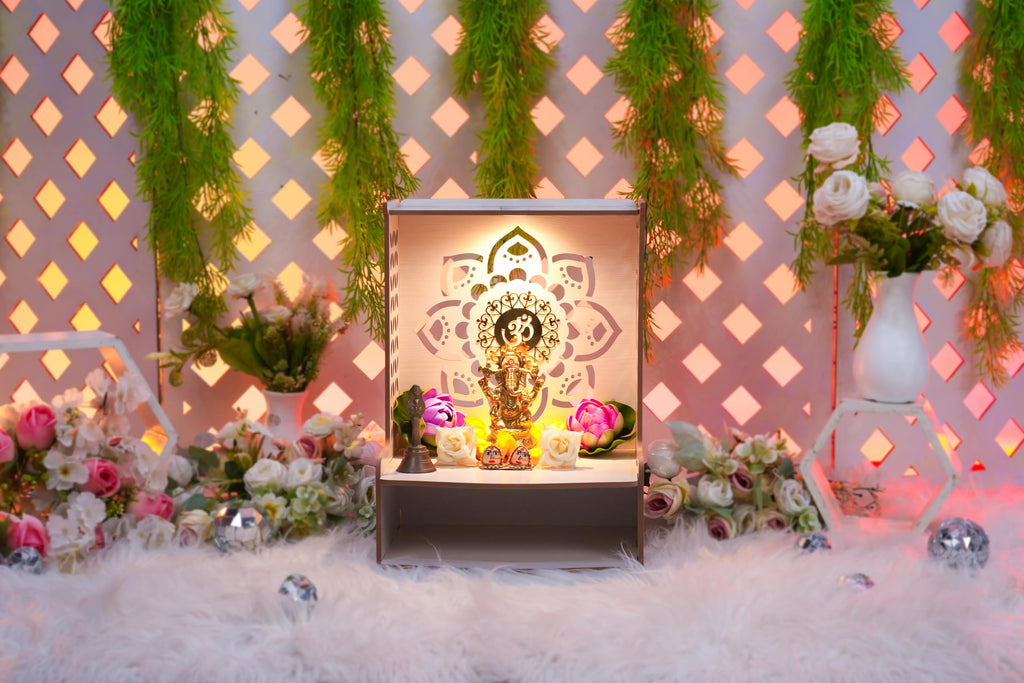 PIXELCRAFTS Wooden Temple Puja Mandir Art and Craft Temple for Home Shop Office with LED SPOT Light. (Size – H 15.5X L 11.5 x W 11 inch) White 4