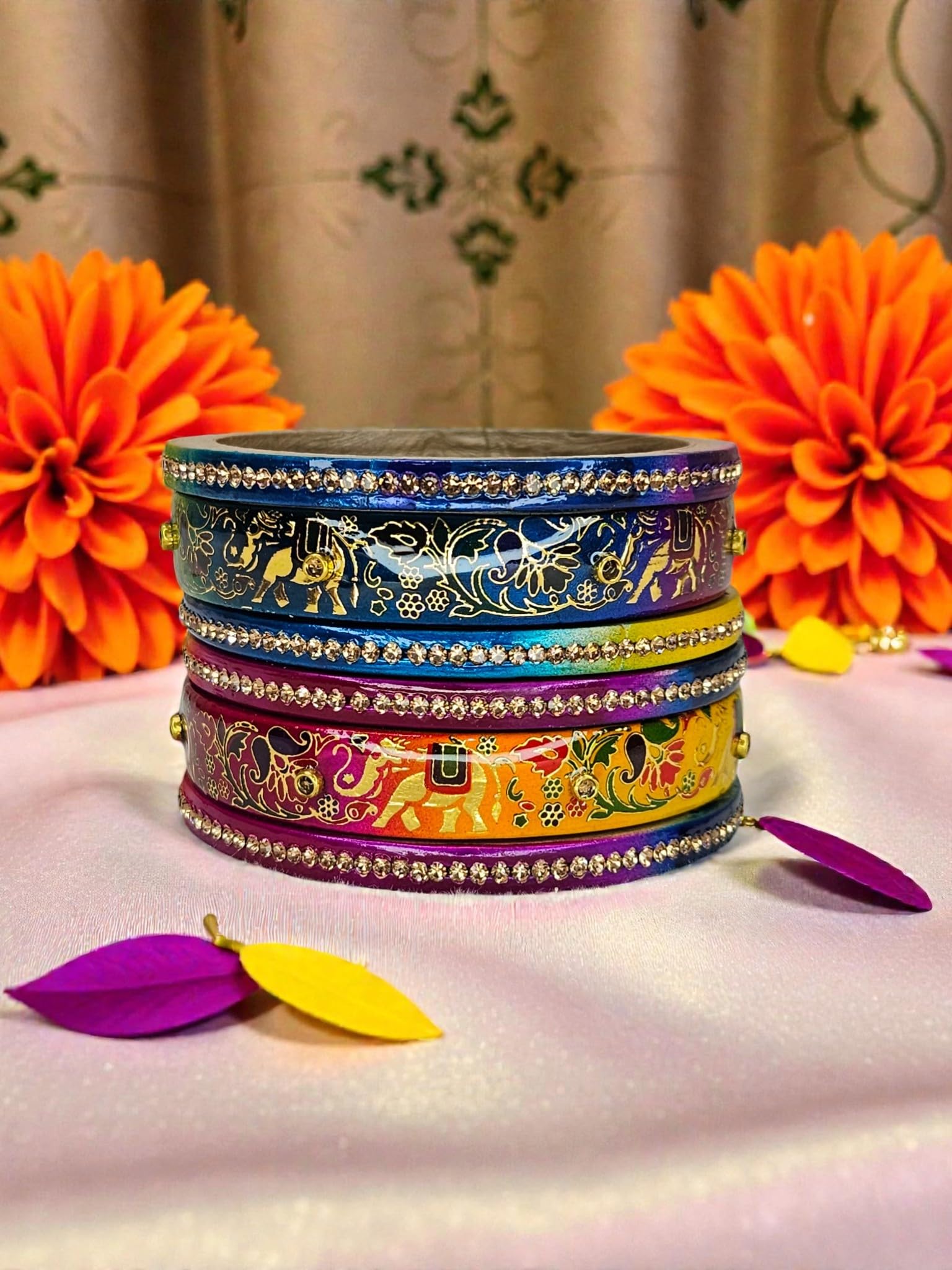 NY Lifestyles Lac Bangle Set for Women (Set of 6) | Elephant Print Glossy Finish Bangles | Traditional Rajasthani Cultural Design | Handmade Ethnic Jewelry for Festivals, Weddings & Daily Use (Multi, Size 2.8)