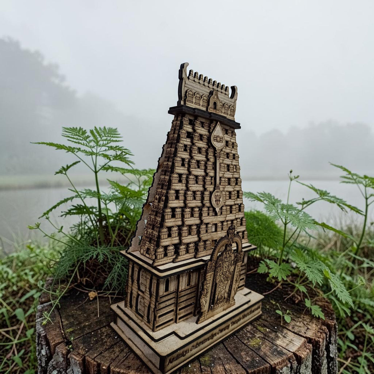 QUEENS CANVAS Marudhamalai Subramaniya Swamy Temple Wooden Decorative Model, Traditional Hindu Temple Architecture Replica -12 Inch Hight