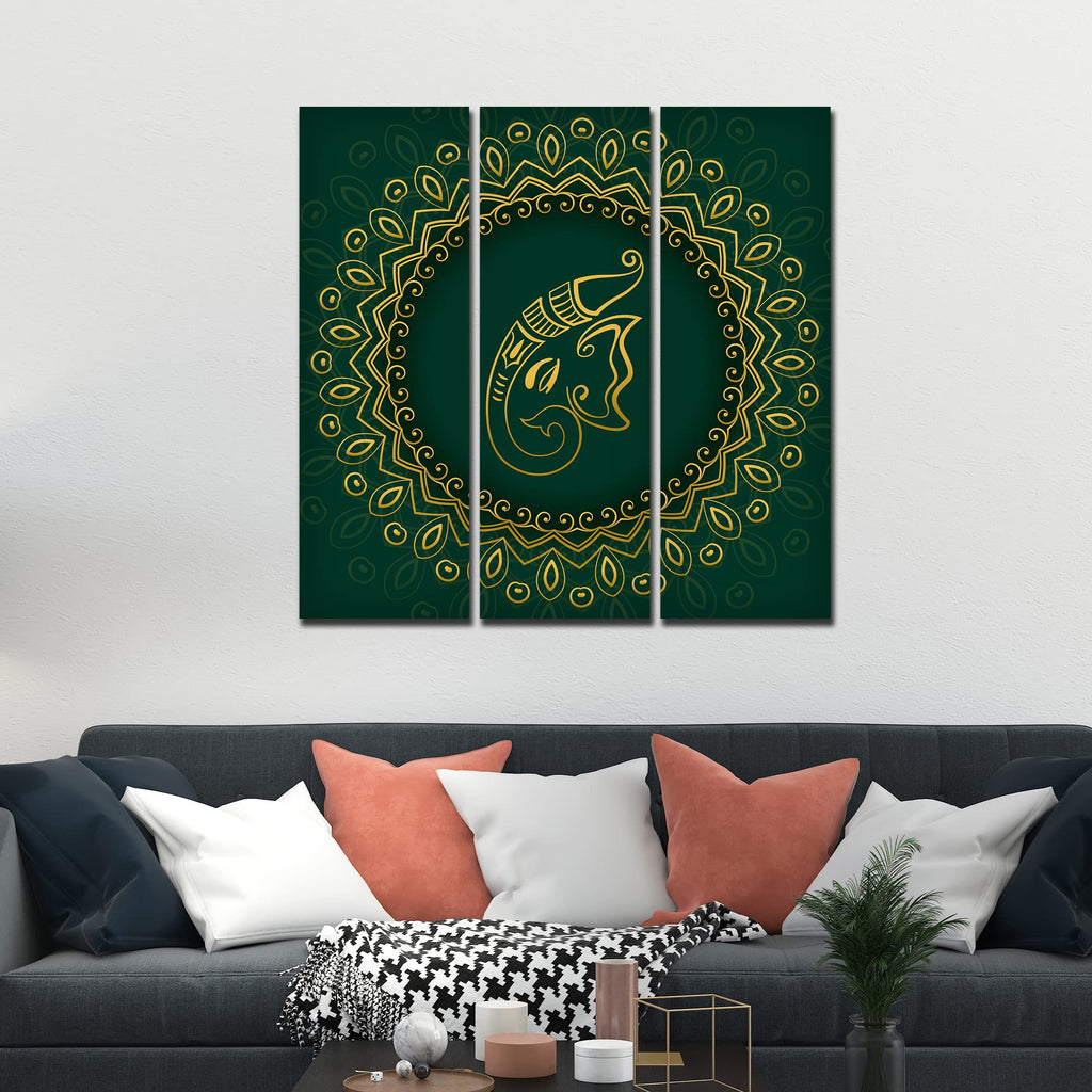 VIBECRAFTS Beautiful Ganesha Head 3 Pieces Canvas Wall Painting Fitted With Wooden Frame For Home | Office | Living Room | Gifts (PTVC3Pcs1_9557)
