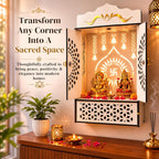 Venlay Wood Wooden Home Mandir with Double Door & Bell | Laser Cut Mandala Jali Cabinet Temple | Peacock Feather Engraving | MDF Pooja Ghar with Storage Drawer |Gold Motif Header (White)