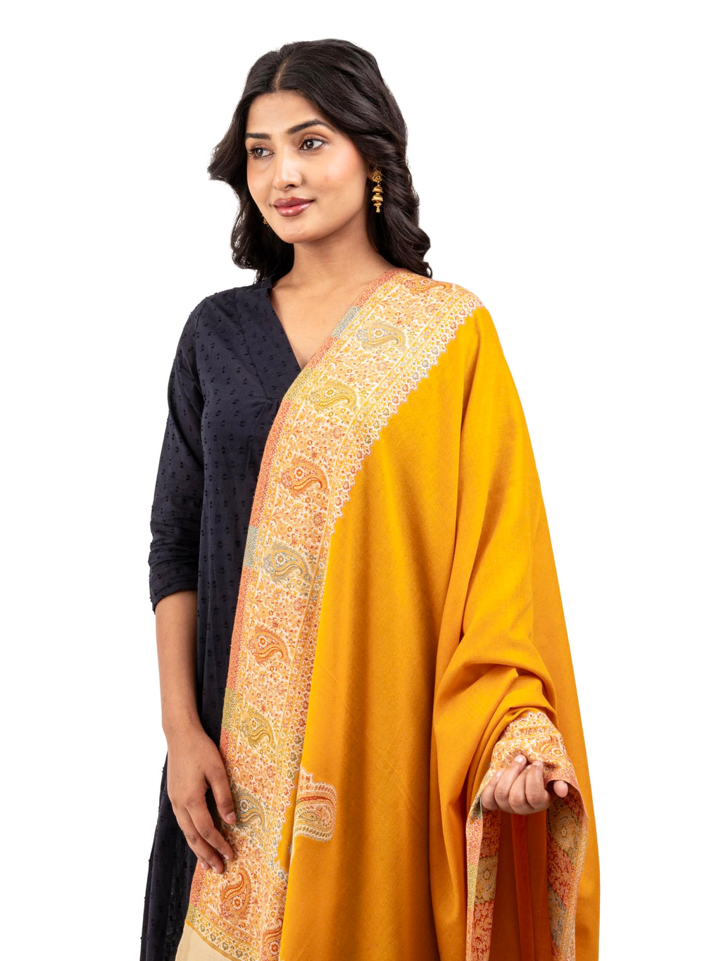 Naureen Women Faux Pashmina Kani Shawl with Contrast Palla, Warm and Soft, 40x80 inch (Mustard)