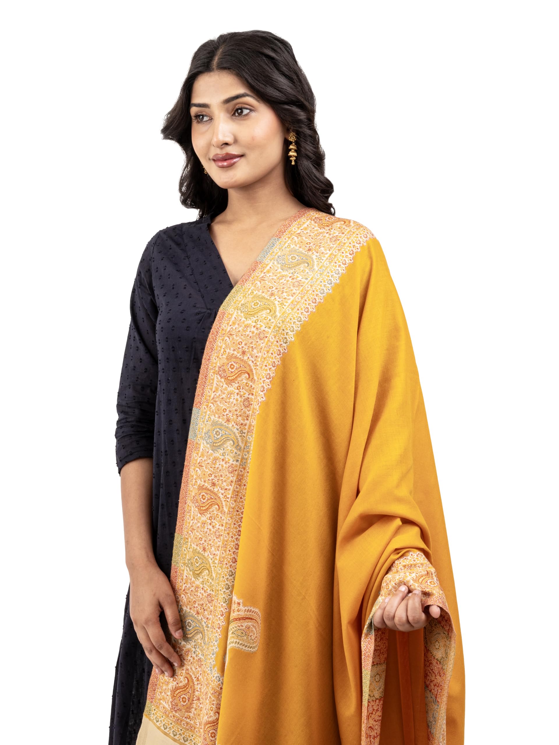 Naureen Women Faux Pashmina Kani Shawl with Contrast Palla, Warm and Soft, 40x80 inch (Mustard)