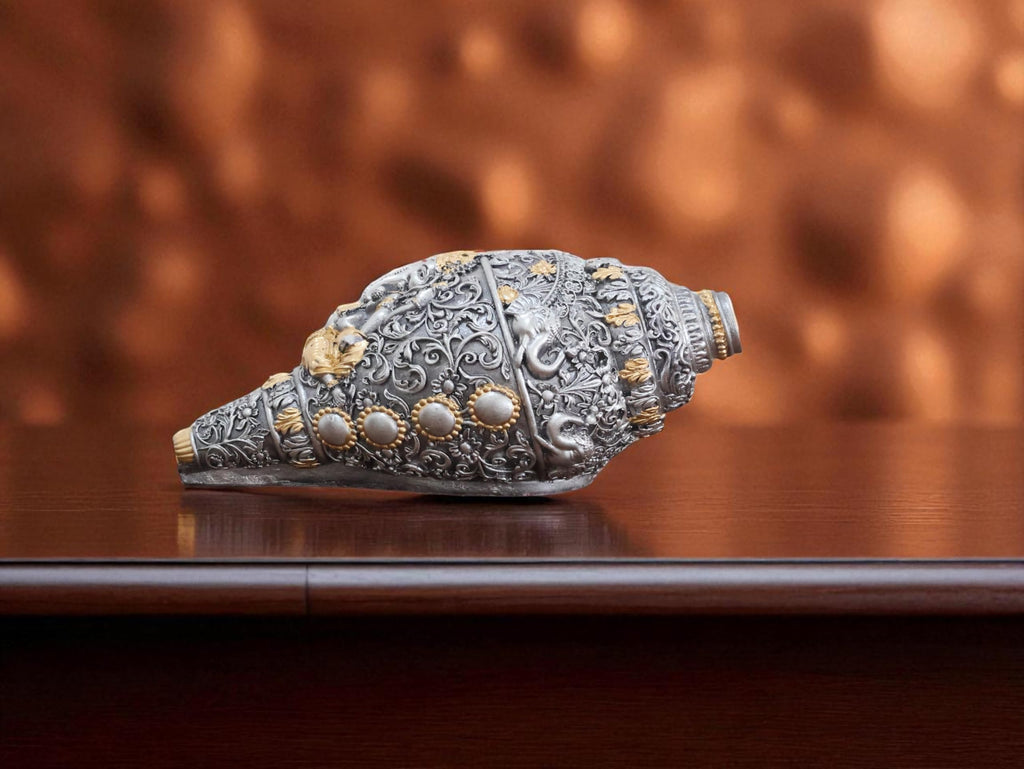 KridayKraft Decorative Lord Ganesha Shank, Silver -Toned, Conch Shell for Wealth, Prosperity and Good Luck Intricate Design, 12 (5) cm x 6 cm