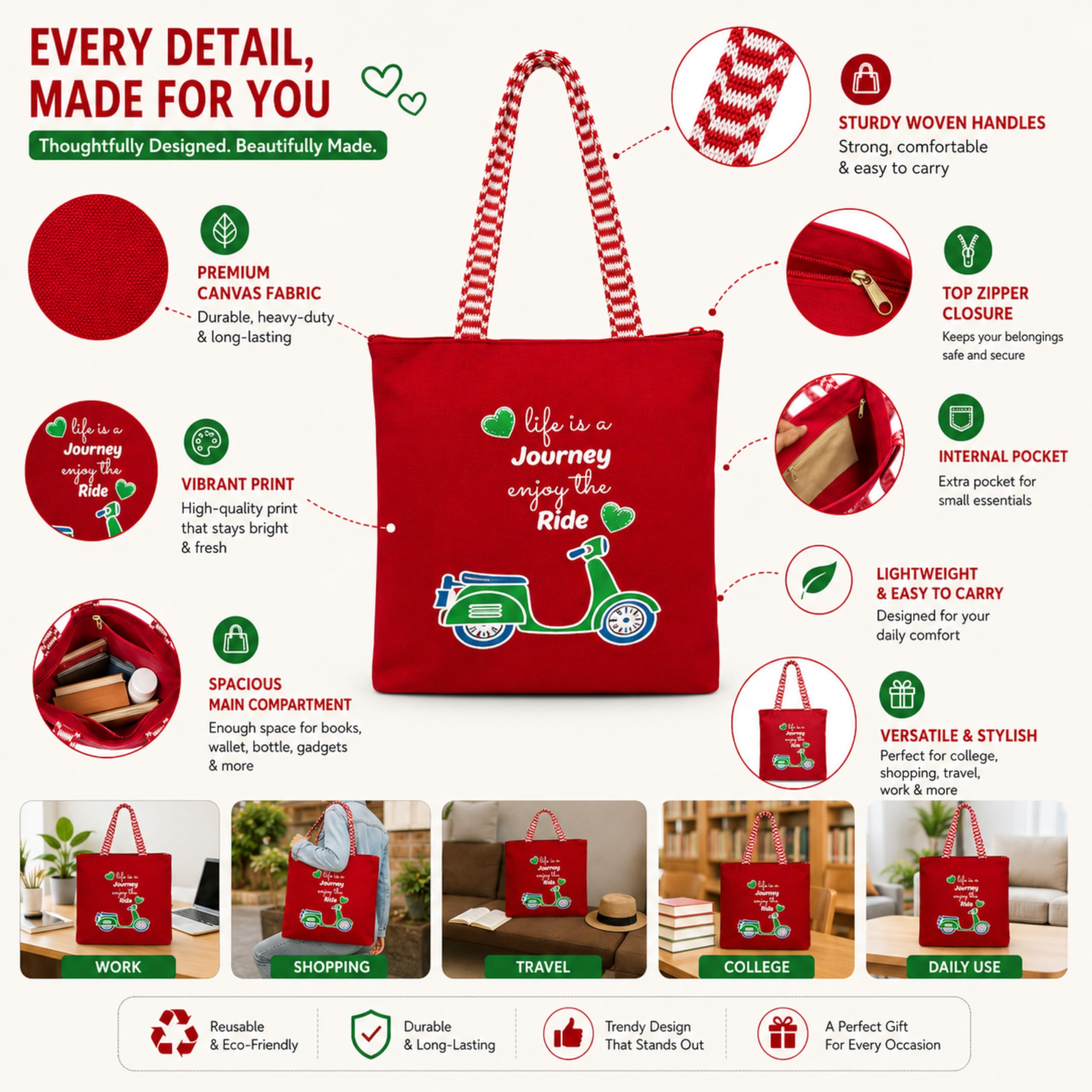cantainoo Tote Bags | 300 GSM Canvas Tote Bag for Women | Tote Bags for Women | College, Shopping, Office & Everyday Carry Bag (Journey Ride-Red, Medium Pack of 1)