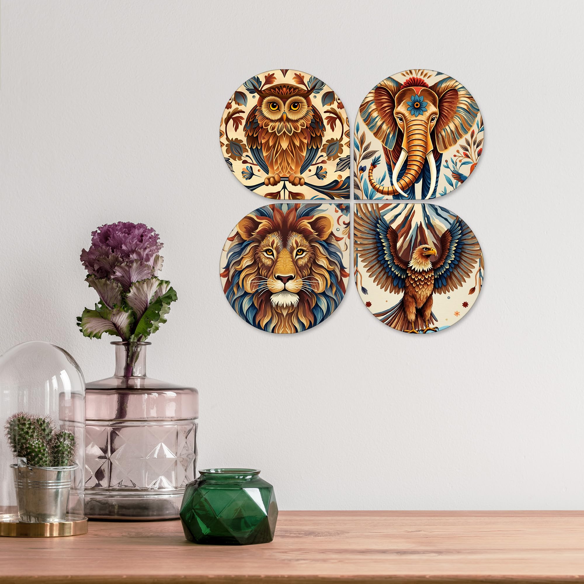 Artvibes Traditional Animal Decorative Wall Hanging Ornaments | Graphic Artwork | Door Decoration Items | Paintings For Wall | Wall Illustrations | Handcrafted Art | Gift Items (WH_8455N), Set of 4
