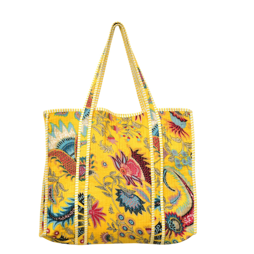 Cotton Quilted Tote Bag for Women, Jungle Print Handbag, Reusable Shoulder Bag with Dual Handles, Lightweight Travel Shopping Tote, Large Capacity Everyday Carry Bag - (Yellow flower bag, 18×18 In)