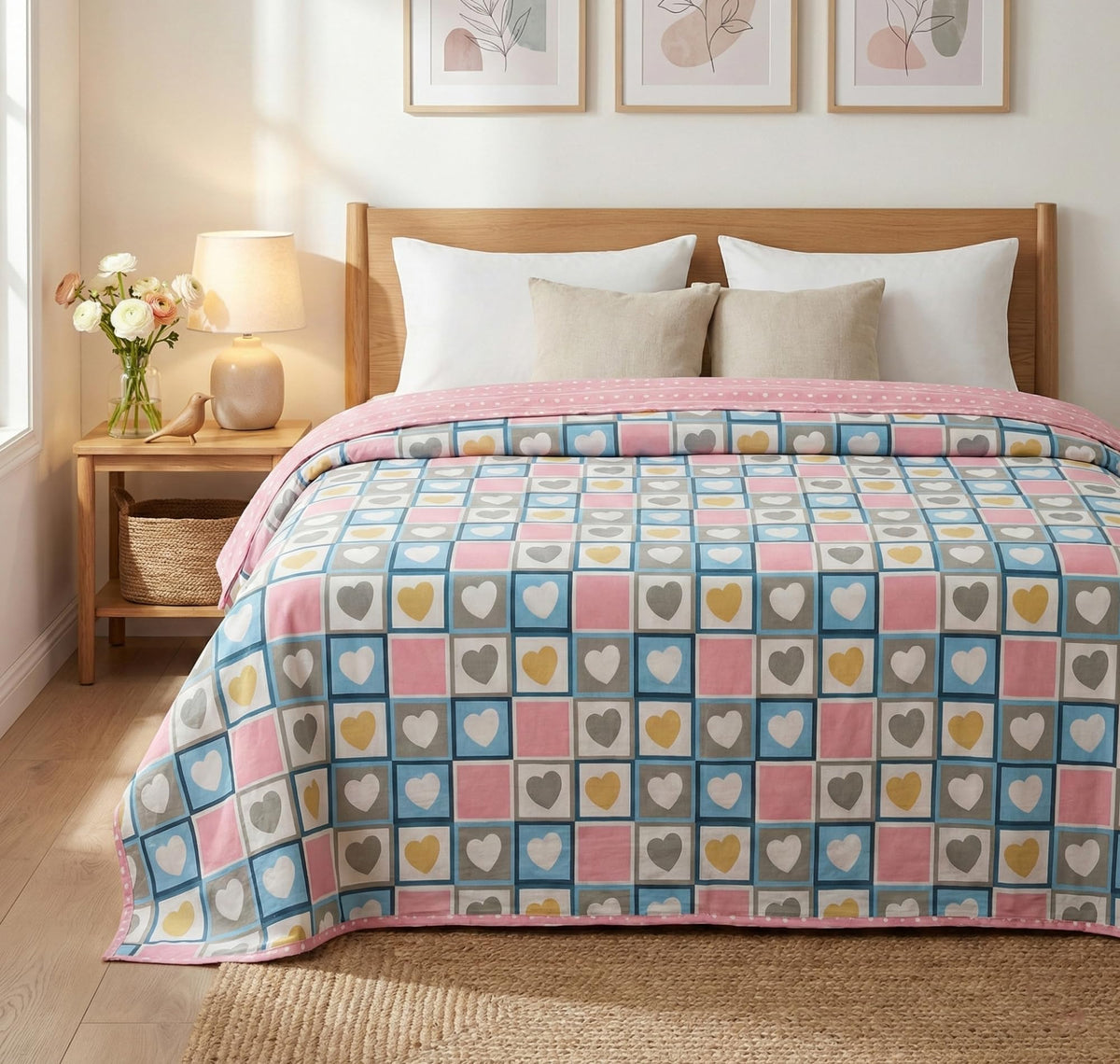 BSB HOME 100% Cotton Reversible Dohar Single Bed Size | AC Blanket Lightweight Summer Comforter | Soft Breathable Bed Blanket (152 x 225 cm) (Sweetheart Checks) Kafalo