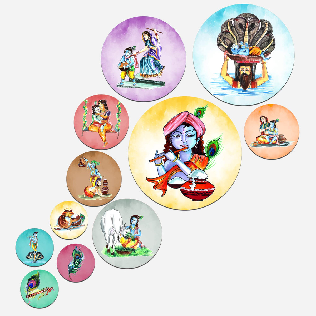 Artvibes Lord Krishna in Different Types Activities Round Shape MDF Wooden Wall Decor Items | Spiritual Decor Items | Wall Poster | Artwork | Painting | Gift Items (WPS_118N), Set of 11