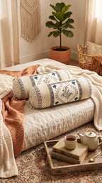 BLOCKS OF INDIA Cotton Hand Block Printed Bolster Cover | Booster Cover with Drawstring | Round Long Pillow Cover for Bed | Dewan Pillow Cover Set 16 X 32 | Set of 2 (Color 50)