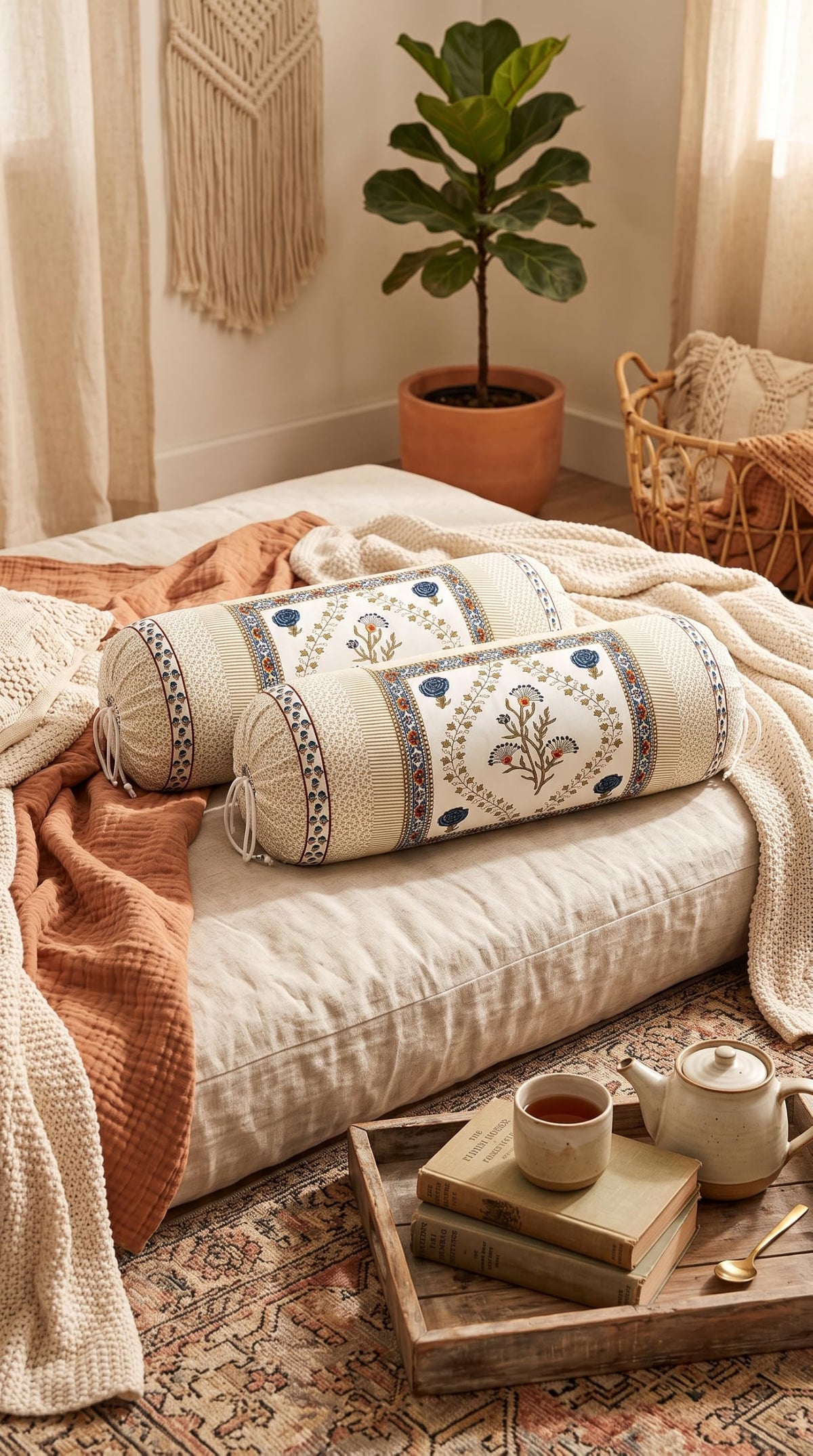 BLOCKS OF INDIA Cotton Hand Block Printed Bolster Cover | Booster Cover with Drawstring | Round Long Pillow Cover for Bed | Dewan Pillow Cover Set 16 X 32 | Set of 2 (Color 50)