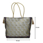 E - Ezra Designer Ethnic Handmade Brocade Silk Tote Bag For Women's Shoulder Bag Shopping Bag For Girls 16 Inch (Grey)