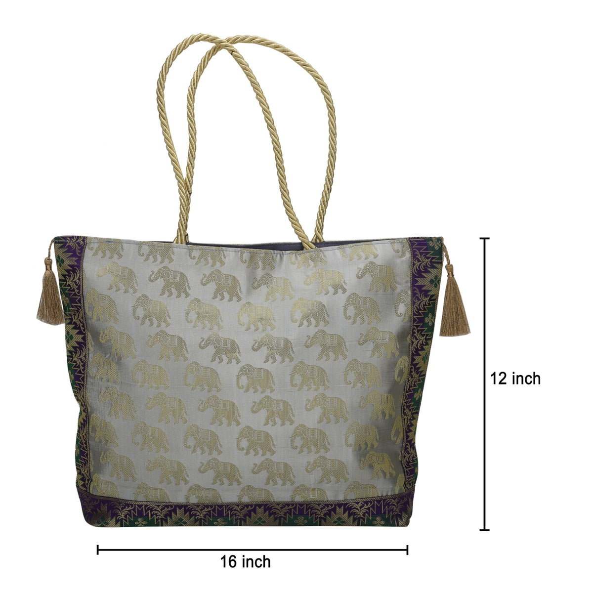 E - Ezra Designer Ethnic Handmade Brocade Silk Tote Bag For Women's Shoulder Bag Shopping Bag For Girls 16 Inch (Grey)