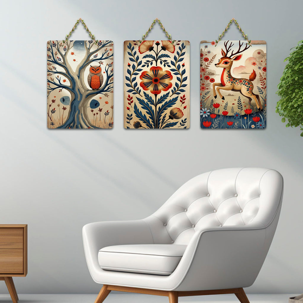 Artvibes Nature Theme Wall Art Wooden Art Decoration Item for Home | Graphic Artwork | Door Decoration Items | Paintings For Wall | Wall Poster | Handcrafted Art | Unique Gift (WH_96101N), Set of 3