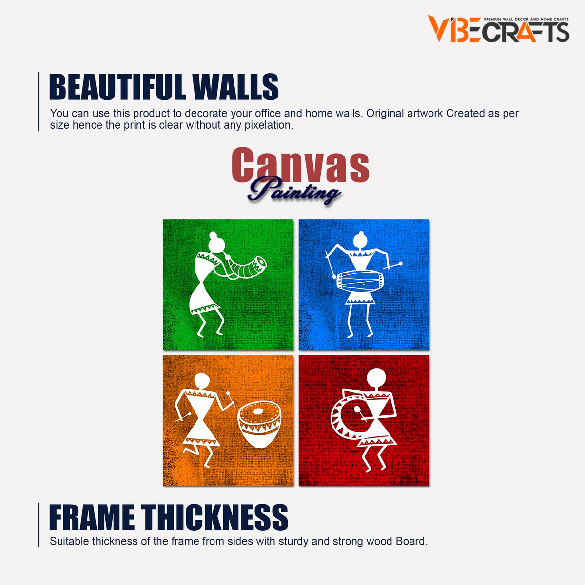 VIBECRAFTS Beautiful Warli Art 4 Pieces Canvas Wall Hanging Painting Fitted With Wooden Frame For Home | Office | Living Room | Gifts (PTVC4Pcs5_16606)