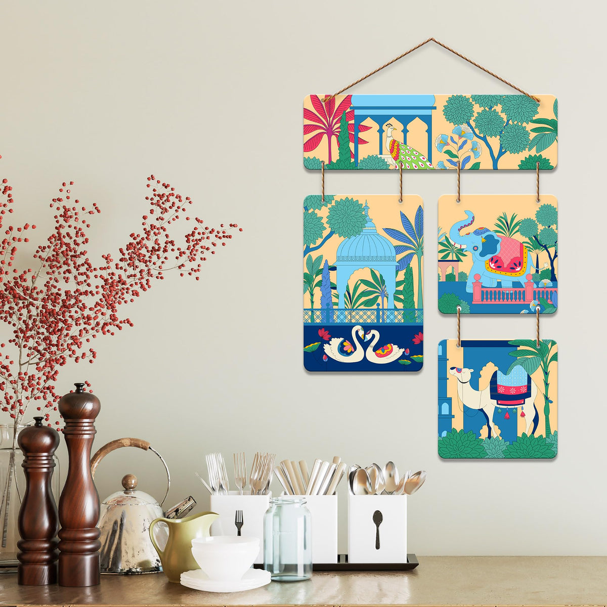 Artvibes Indian Village Theme Traditional Indian Folk Art Decorative Wall Art MDF Wooden Wall Hanger for Home | Wall Accent | Sceneries | Wall Illustrations | Graphic Artwork | Gift Items (WH_6538N)